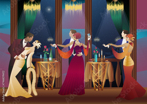 Man and woman dancing on the background of a balcony and lanterns, party, art deco, couple in retro style