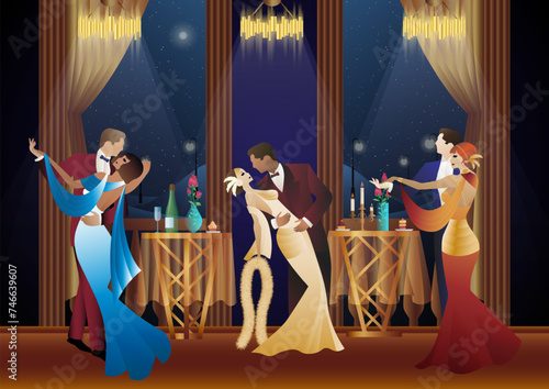 Man and woman dancing on the background of a balcony and lanterns, party, art deco, couple in retro style