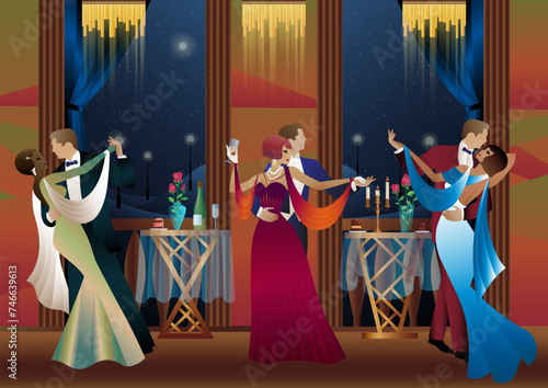 Man and woman dancing on the background of a balcony and lanterns, party, art deco, couple in retro style