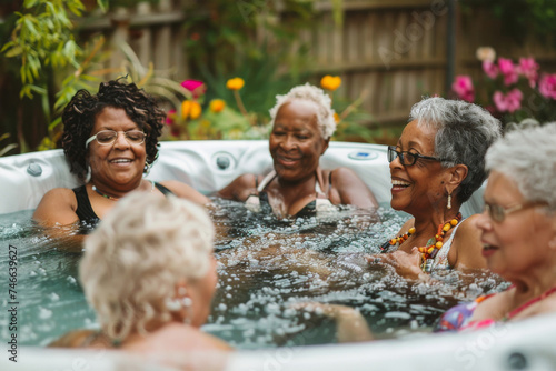 Diverse group of happy senior women having fun together enjoying a jacuzzi. Elderly friends with active life photo