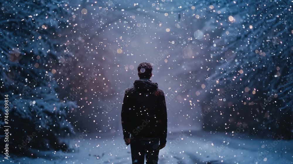 silhouette of a man standing alone in the midst of falling snow, walking away, exuding a romantic, lonely, and dramatic moment. Romantic photography
