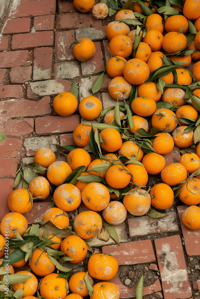 Conceptual messy pile of mandarins covering entire brick walkway corner to corner.