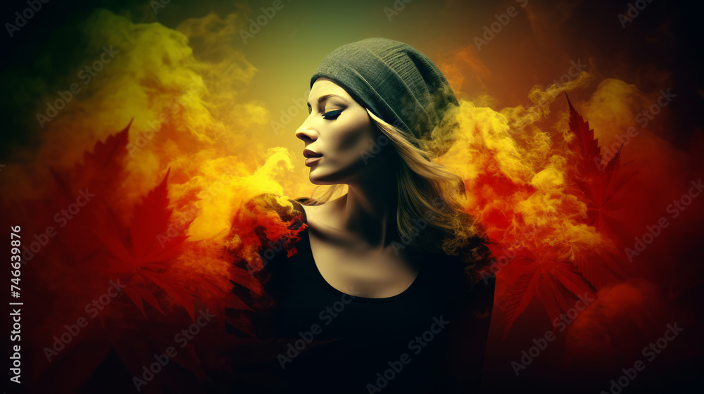 Creative portrait of woman, shrouded in smoke with silhouettes of cannabis leaves in red, yellow and orange on dark background. Social debates on Marijuana as medicinal substance or recreational drug