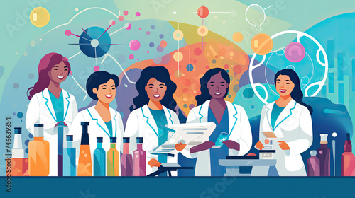 Female researchers team in science setting, illustration of woman researchers in futuristic laboratory environment, progress and diversity in science. International Day of Women and Girls in Science photo