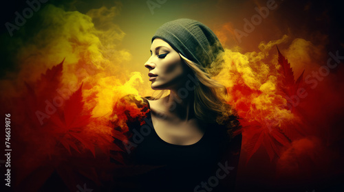 Creative portrait of woman, shrouded in smoke with silhouettes of cannabis leaves in red, yellow and orange on dark background. Social debates on Marijuana as medicinal substance or recreational drug