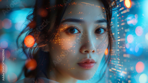 A composite image of an asian lady showcasing the various applications of facial recognition technology.