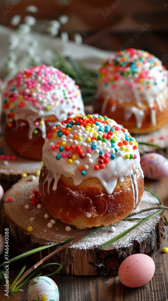 Traditional Easter kulich with easter eggs on the table. Vertical banner Traditional Easter kulich with easter eggs on the table. Vertical banner