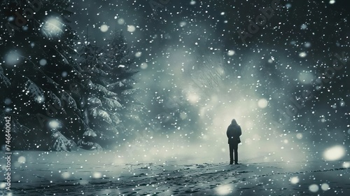silhouette of a man standing alone in the midst of falling snow, walking away, exuding a romantic, lonely, and dramatic moment. Romantic photography photo
