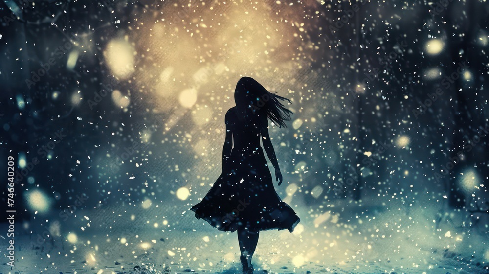 In the midst of falling snow, a solitary woman's silhouette walks away, encapsulating a romantic, lonely, and dramatic moment. Romantic photography. - obrazy, fototapety, plakaty 