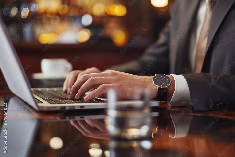 hands of businessman's typing on a laptop keyboard, with a cool bar background generative ai art hands of businessman's typing on a laptop keyboard, with a cool bar background generative ai art