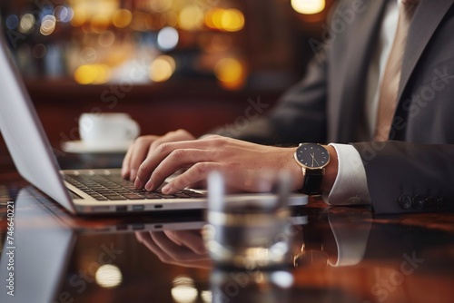 hands  of businessman's typing on a laptop keyboard, with a cool bar background generative ai  art © gmm2000