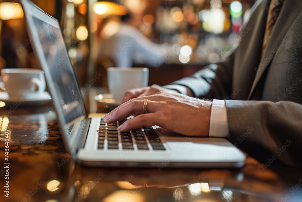 hands of businessman's typing on a laptop keyboard, with a cool bar background generative ai art hands of businessman's typing on a laptop keyboard, with a cool bar background generative ai art