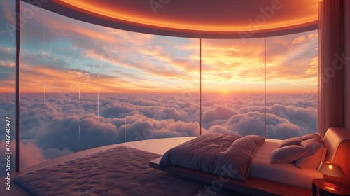 A curved minimalist luxury hygge bedroom above clouds