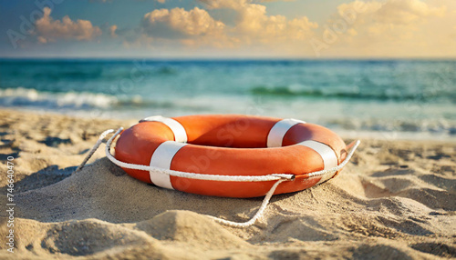 Lifebuoy on sandy beach symbolizes help and support in life's challenge