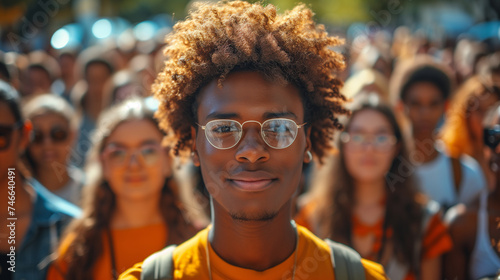 Portrait of Inclusivity Young Person Standing Among Many Multiracial Individuals © silvia