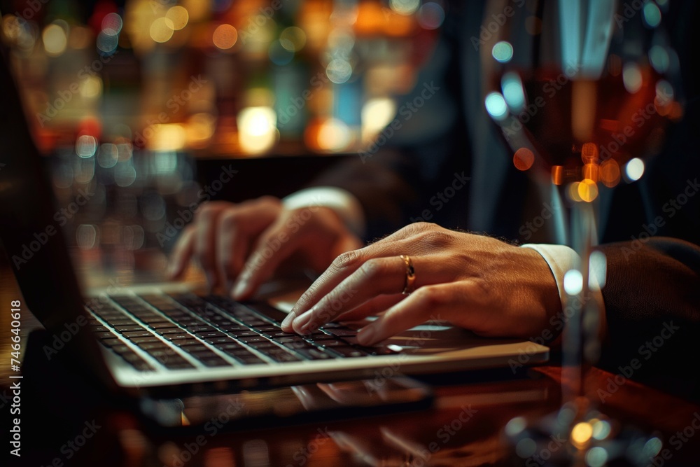 hands of businessman's typing on a laptop keyboard, with a cool bar background generative ai art hands of businessman's typing on a laptop keyboard, with a cool bar background generative ai art
