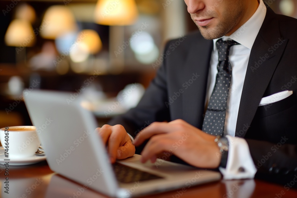 hands of businessman's typing on a laptop keyboard, with a cool bar background generative ai art hands of businessman's typing on a laptop keyboard, with a cool bar background generative ai art