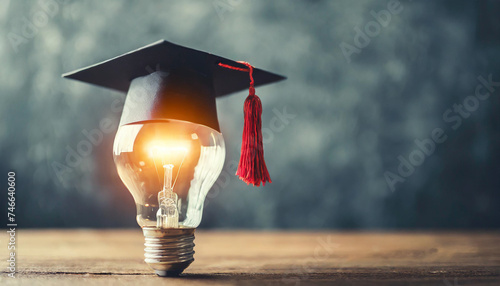 glowing light bulb adorned with a graduation cap, representing innovation and academic achievement © Your Hand Please