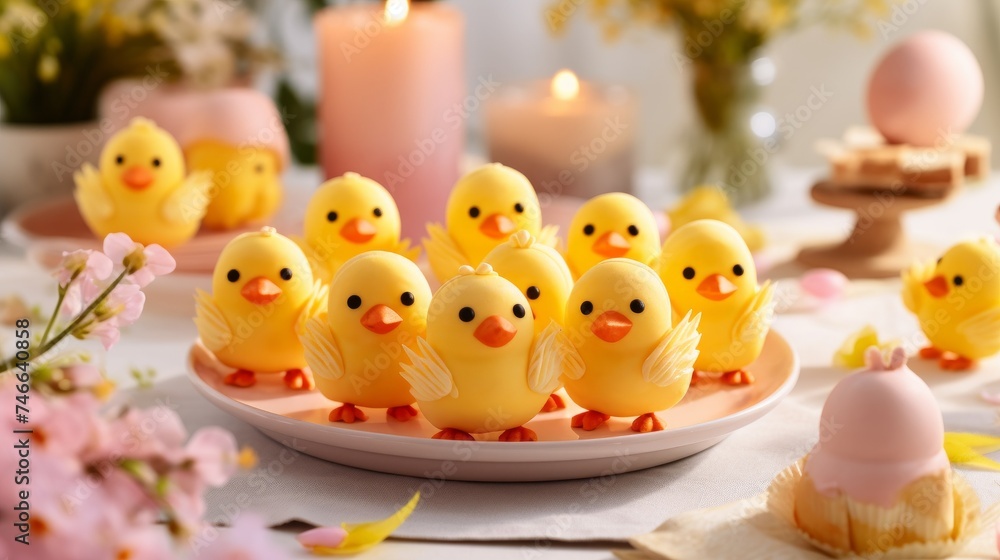 Chick shaped desserts on the plate surrounded by candles and pink flowers Chick shaped desserts on the plate surrounded by candles and pink flowers