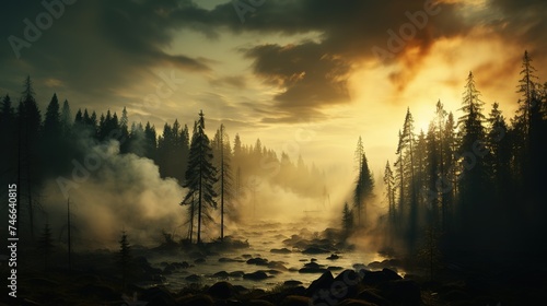 a large forest under a misty cloud, prairiecore, swirling vortexes, spiky mounds, golden light, environmental activism