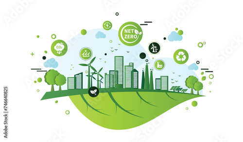 Net zero and carbon neutral concept. Net zero greenhouse gas emissions target. Climate neutral long term strategy with green net zero icons. Environment web banner with green city vector template.