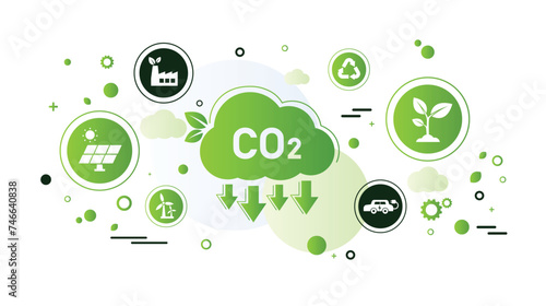 The concept of reduce co2 emission using clean energy and reduce climate change problem with flat icon vector illustration. Green environment templet infographic design for web banner. photo