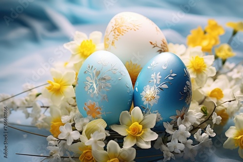 Easter white, yellow and blue eggs and flowers of wooden pastel blue background. Close up.