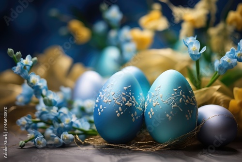 Easter white, yellow and blue eggs and flowers of wooden pastel blue and flowers blossom outdoors background. Close up.