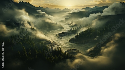 a large forest under a misty cloud, prairiecore, swirling vortexes, spiky mounds, golden light, environmental activism