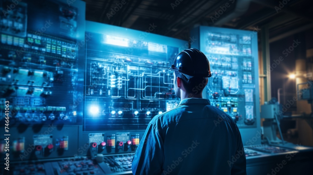 Engineer looking to work in the electrical control room. Neural network AI generated art Engineer looking to work in the electrical control room. Neural network AI generated art