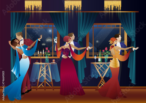 Man and woman dancing on the background of a window and lanterns, party, art deco, couple in retro style