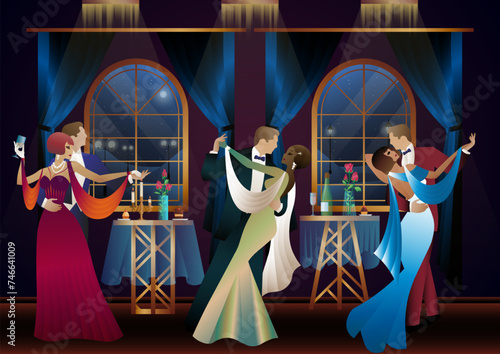 Man and woman dancing on the background of a window and lanterns, party, art deco, couple in retro style