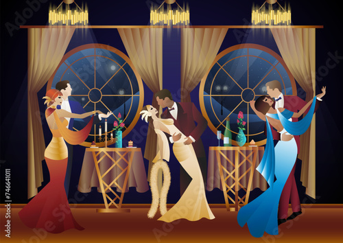 Man and woman dancing on the background of a window and lanterns, party, art deco, couple in retro style