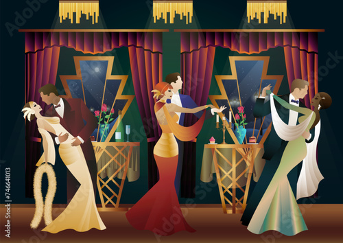 Man and woman dancing on the background of a window and lanterns, party, art deco, couple in retro style