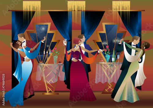 Man and woman dancing on the background of a window and lanterns, party, art deco, couple in retro style