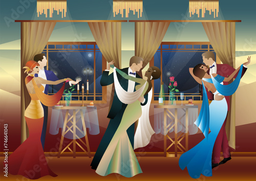 Man and woman dancing on the background of a window and lanterns, party, art deco, couple in retro style