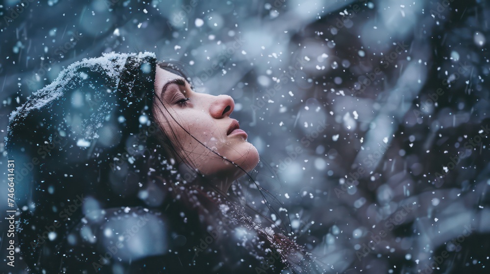 In the midst of falling snow, a woman stands alone, her face visible, capturing a romantic, lonely, and dramatic moment in this captivating photo.