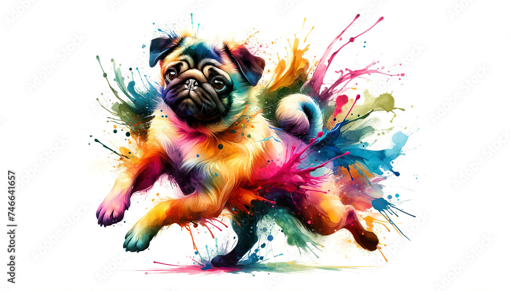 Fototapeta premium A pug in a dynamic burst of colorful watercolor splashes, depicting playful energy and whimsy. AI-generated.