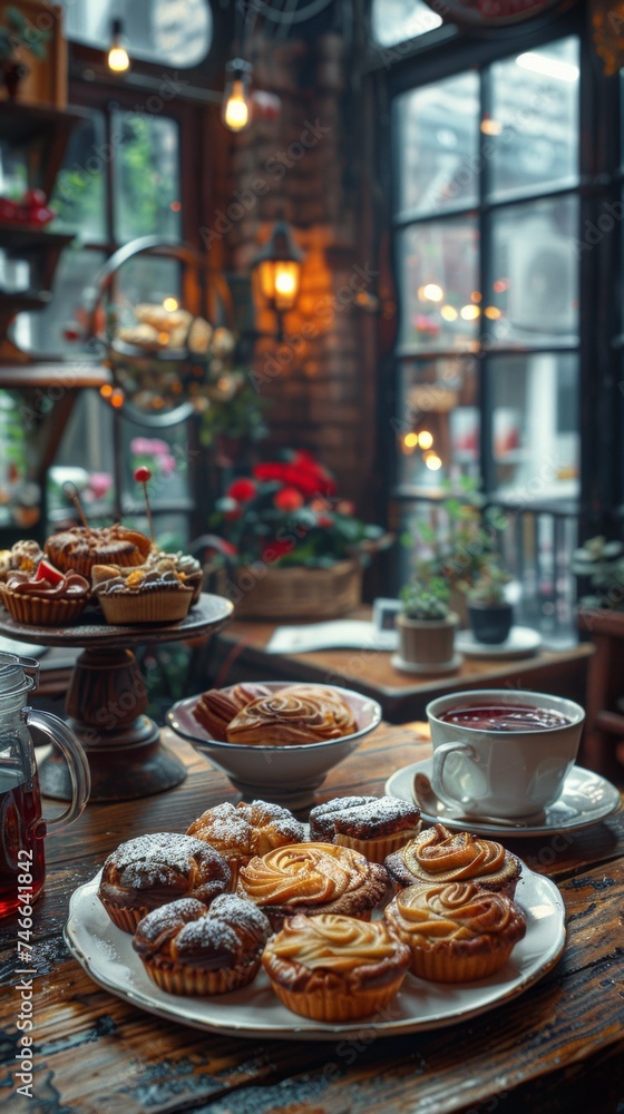 A wooden table topped with plates of pastries A wooden table topped with plates of pastries