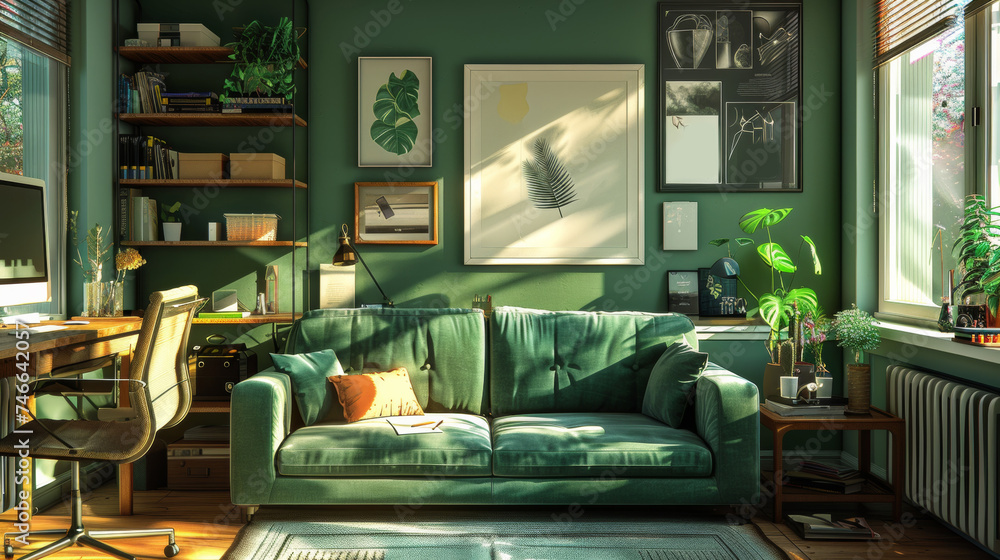 A living room with green walls and a green couch A living room with green walls and a green couch