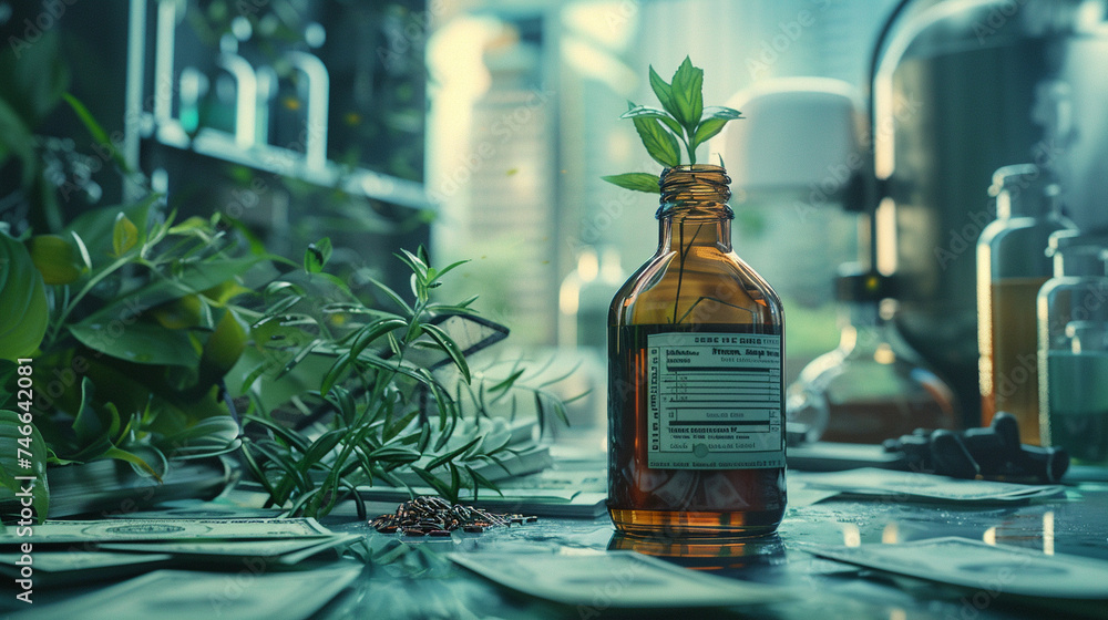 Create a surreal scene of an herbal bottle surrounded by scattered medicine bills in a futuristic setting Create a surreal scene of an herbal bottle surrounded by scattered medicine bills in a futuristic setting