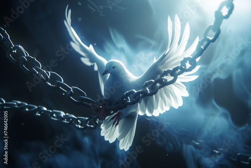 Create a serene and symbolic scene featuring a white dove breaking free from chains in a unique 3D animated art style photo