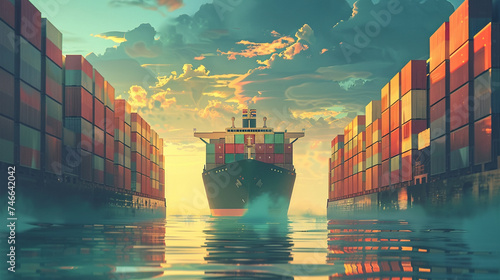 Create a stunning illustration of a cargo ship surrounded by containers showcasing the intricacies of shipping logistics