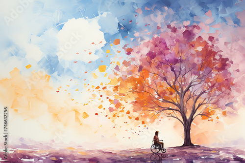 watercolor drawing of woman in wheelchair under tree, dreamlike romantic atmospheric, hazy, blue, white, magenta, brown, bronze, pink pastel color