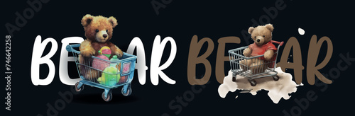 Adorable Teddy Bears in Shopping Carts Illustration: One Filled with Groceries, Another Holding a Red Apple, Perfect for Children’s Books