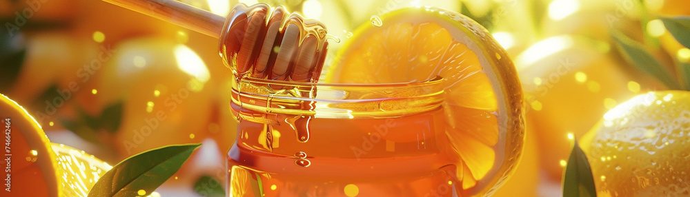 Design a vibrant 3D animation of a honey glass jar lemon and honey dipper - obrazy, fototapety, plakaty 