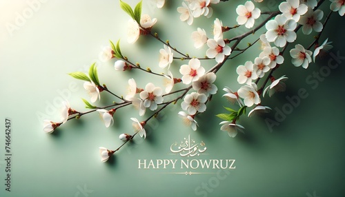 Nowruz greeting card background with a branch of a blossoming cherry tree. photo