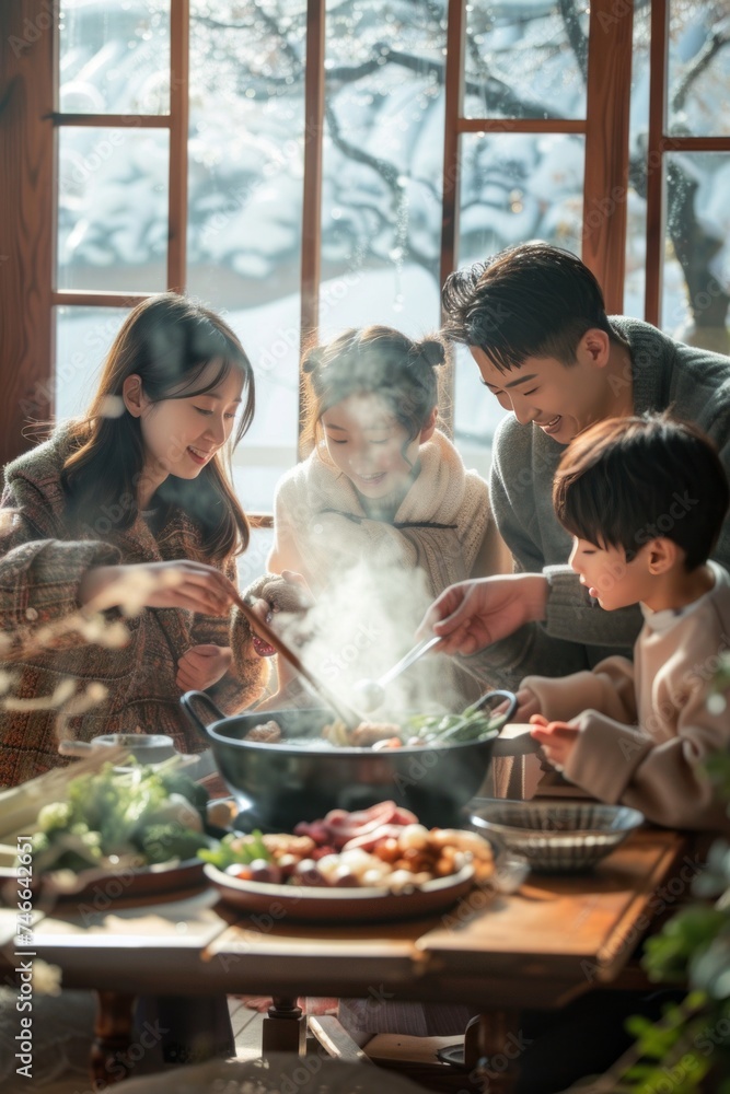 A family gathered around a steaming hotpot, each member contributing a unique ingredient, symbolizing unity.