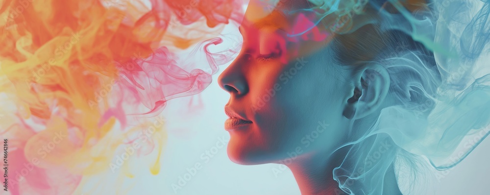Side profile of a woman with colorful, abstract smoke around her, creating a surreal and artistic effect suitable for creative design.