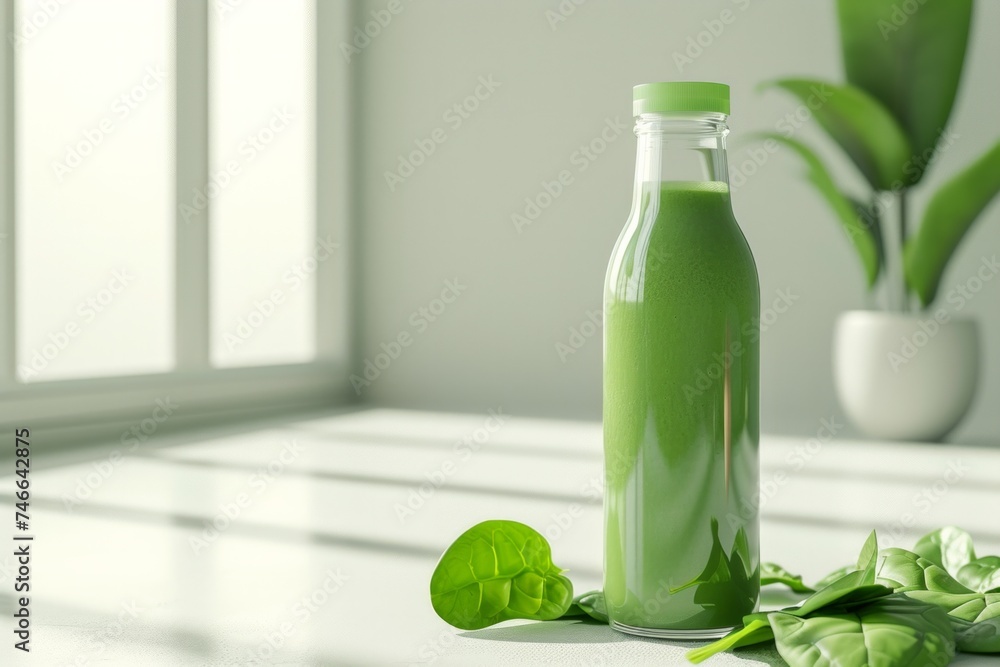 mockup bottle of green smoothie with fresh spinach near, minimalism, sunlight. Copy space. Concept healthy food. Template for your design, space for packaging. mockup bottle of green smoothie with fresh spinach near, minimalism, sunlight. Copy space. Concept healthy food. Template for your design, space for packaging.
